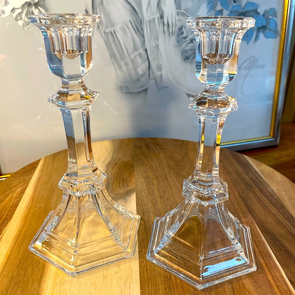 Vintage Tall Crystal Candlestick Holder Pair 24% Lead Clear Glass Hex Base